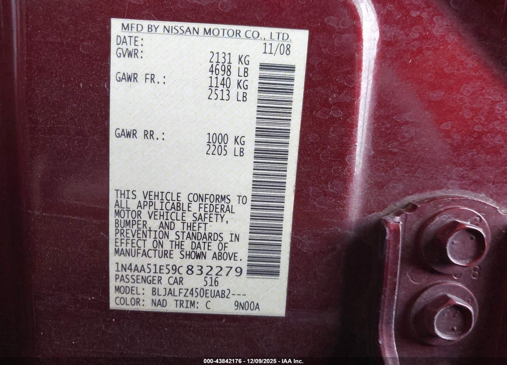 2009 NISSAN MAXIMA 3.5 SV VIN: 1N4AA51E59C832279