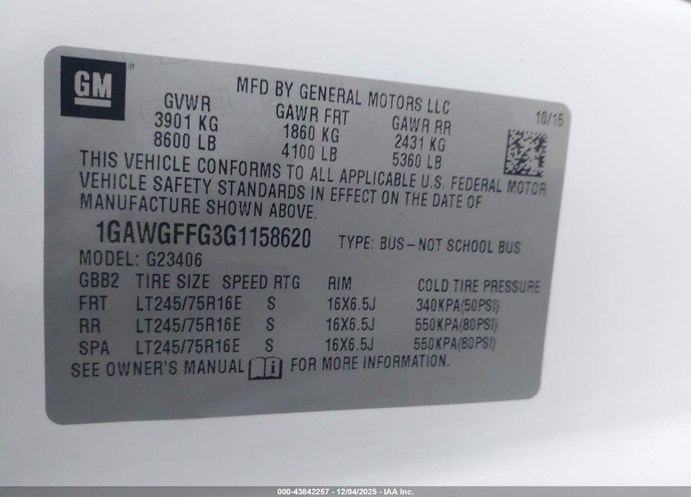 2016 CHEVROLET EXPRESS 2500 LT VIN: 1GAWGFFG3G1158620