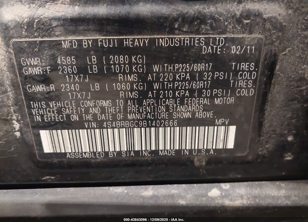2011 SUBARU OUTBACK 2.5I PREMIUM VIN: 4S4BRBGC9B1402666