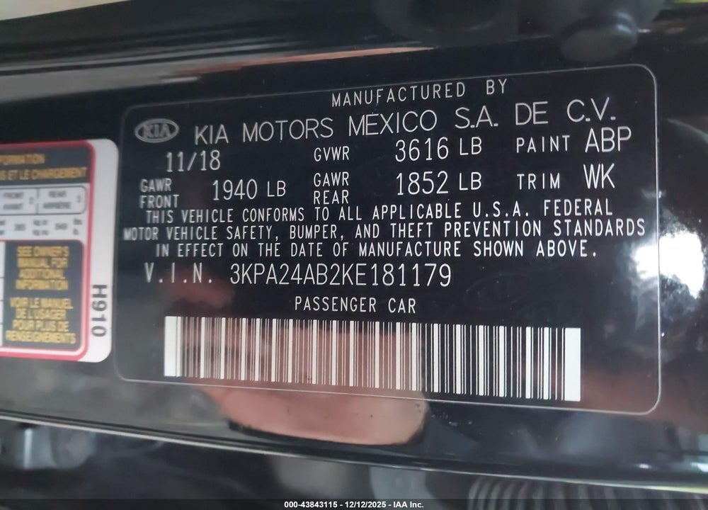 2019 KIA RIO S VIN: 3KPA24AB2KE181179