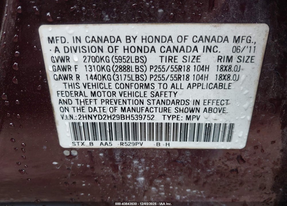 2011 ACURA MDX VIN: 2HNYD2H29BH539752