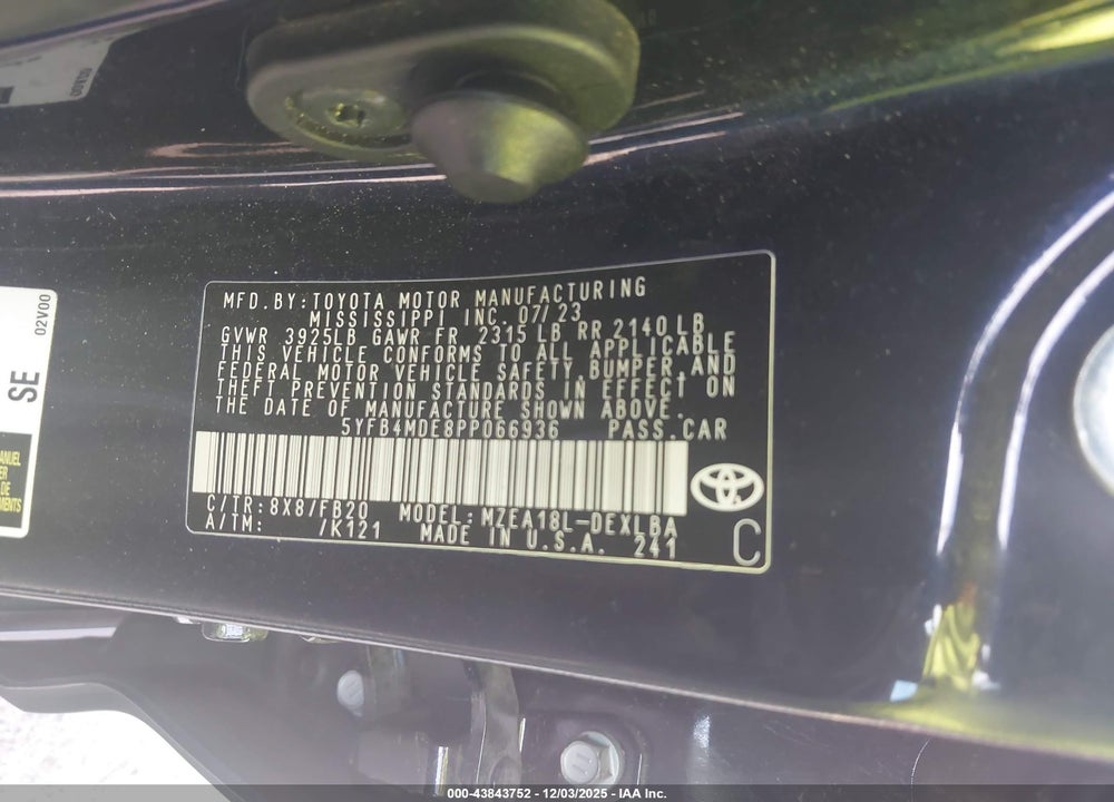 2023 TOYOTA COROLLA LE VIN: 5YFB4MDE8PP066936