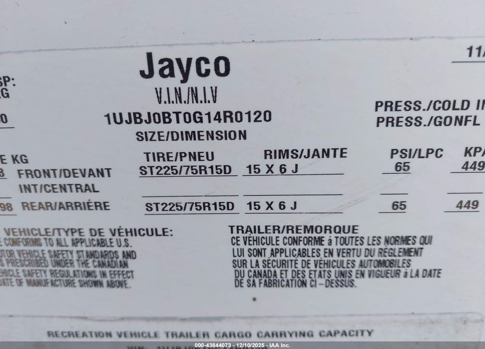 2016 JAYCO WHITE HAWK VIN: 1UJBJ0BT0G14R0120