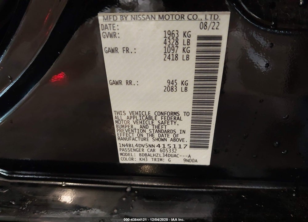 2022 NISSAN ALTIMA SV FWD VIN: 1N4BL4DV5NN415117