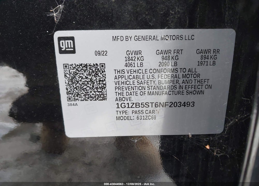 2022 CHEVROLET MALIBU FWD LS VIN: 1G1ZB5ST6NF203493