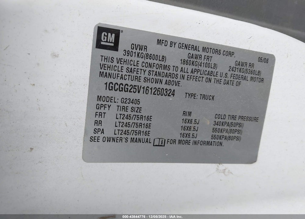2006 CHEVROLET EXPRESS WORK VAN VIN: 1GCGG25V161260324