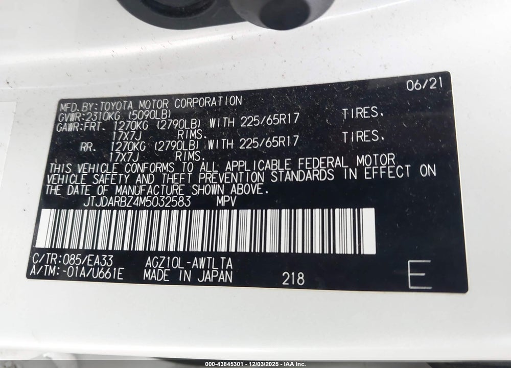 2021 LEXUS NX 300 VIN: JTJDARBZ4M5032583