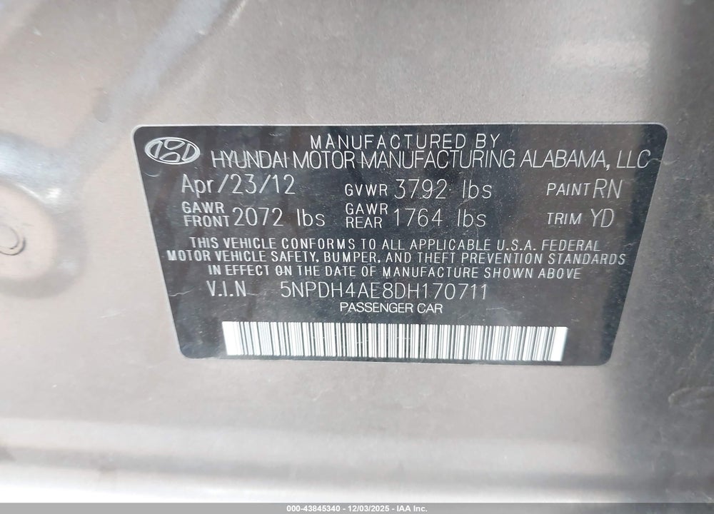 2013 HYUNDAI ELANTRA GLS/LIMITED VIN: 5NPDH4AE8DH170711