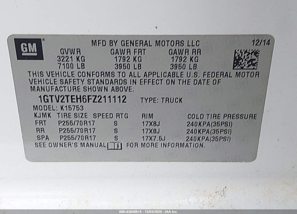2015 GMC SIERRA 1500 VIN: 1GTV2TEH6FZ211112