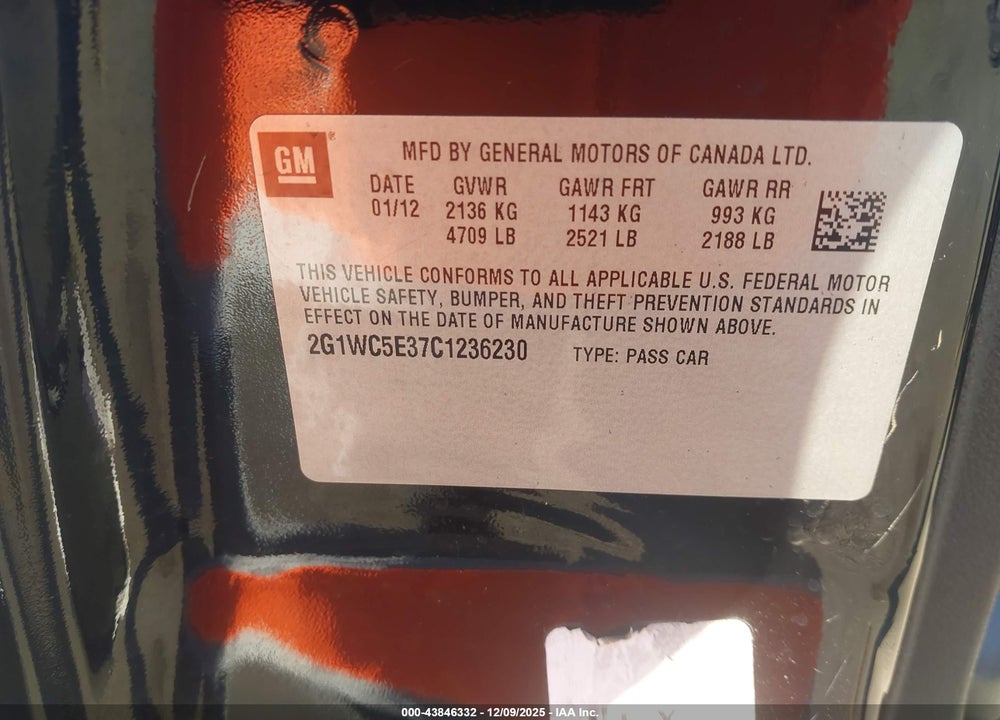 2012 CHEVROLET IMPALA LTZ VIN: 2G1WC5E37C1236230