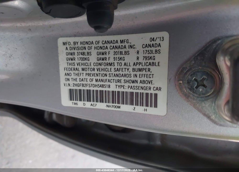 2013 HONDA CIVIC LX VIN: 2HGFB2F57DH548518