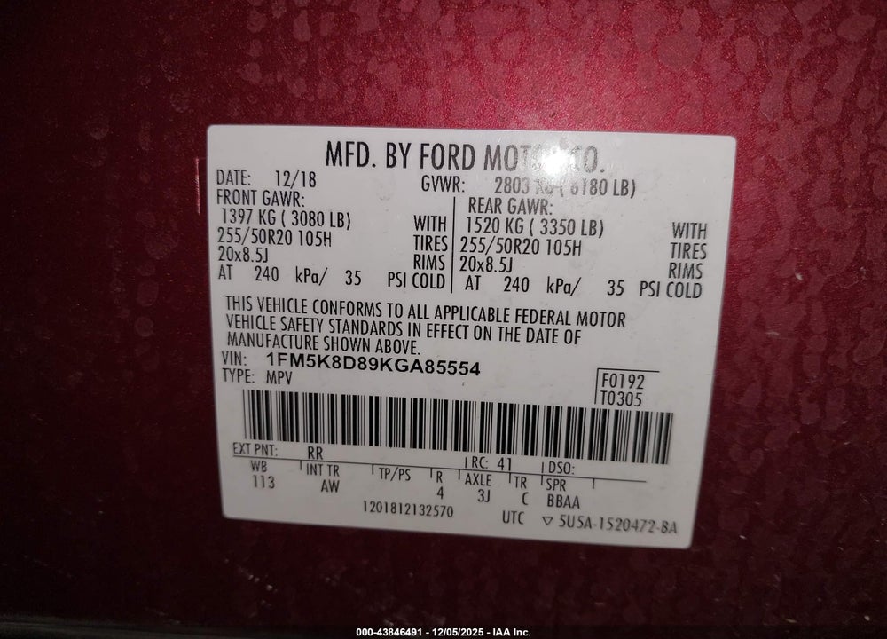 2019 FORD EXPLORER XLT VIN: 1FM5K8D89KGA85554