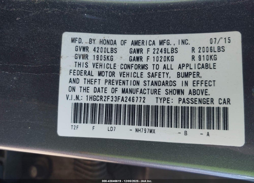2015 HONDA ACCORD LX VIN: 1HGCR2F33FA246772