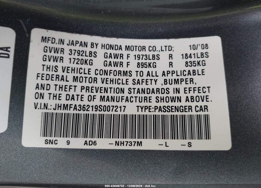 2009 HONDA CIVIC HYBRID VIN: JHMFA36219S007217