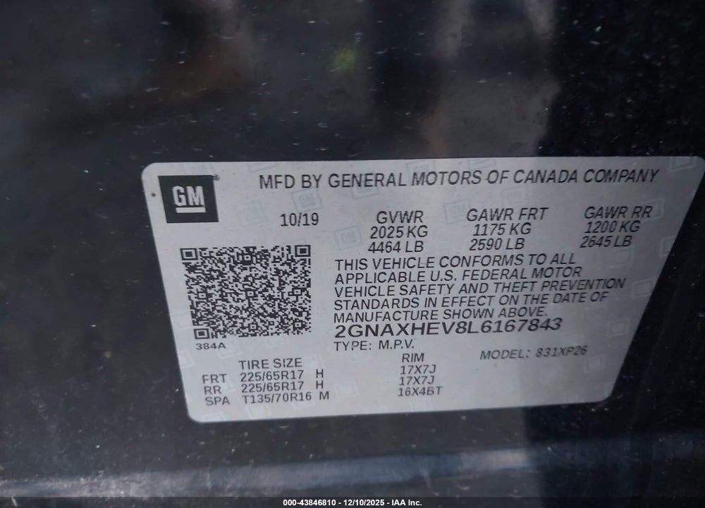 2020 CHEVROLET EQUINOX FWD LS VIN: 2GNAXHEV8L6167843