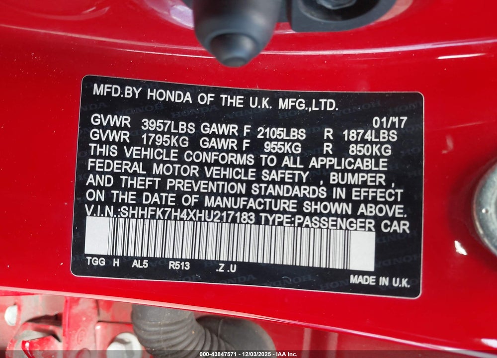 2017 HONDA CIVIC SPORT VIN: SHHFK7H4XHU217183