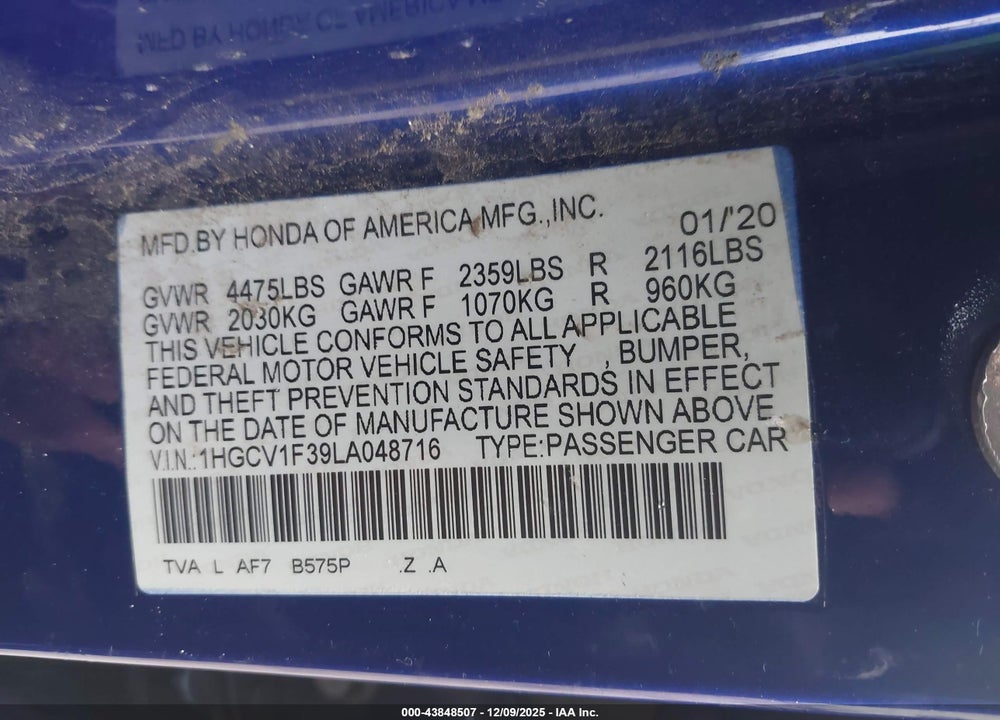 2020 HONDA ACCORD SPORT VIN: 1HGCV1F39LA048716