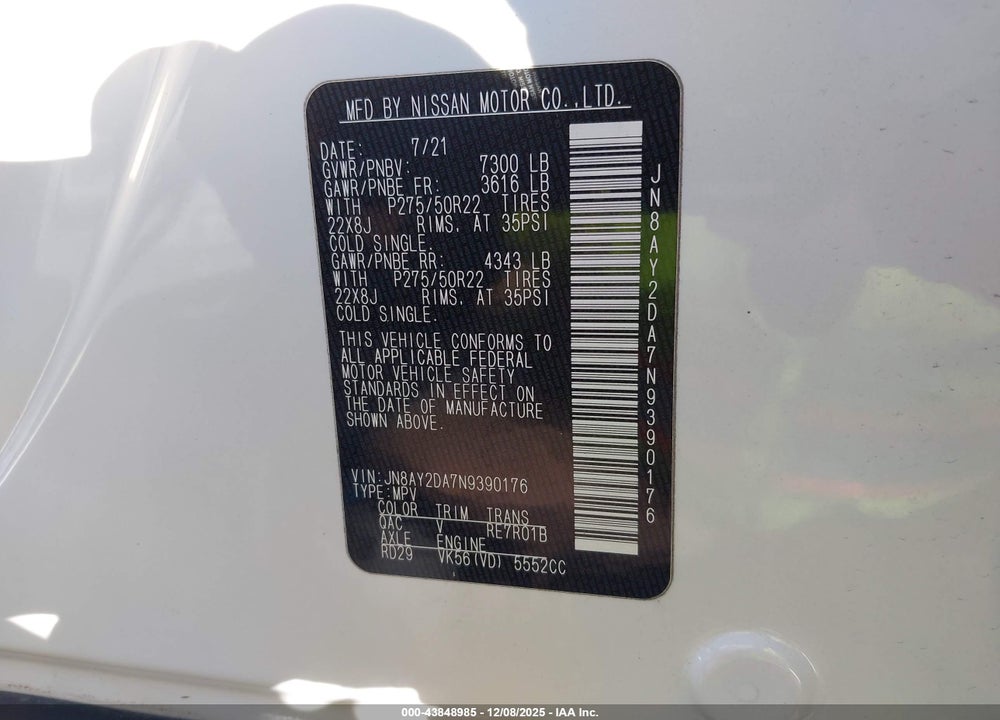 2022 NISSAN ARMADA PLATINUM 2WD VIN: JN8AY2DA7N9390176