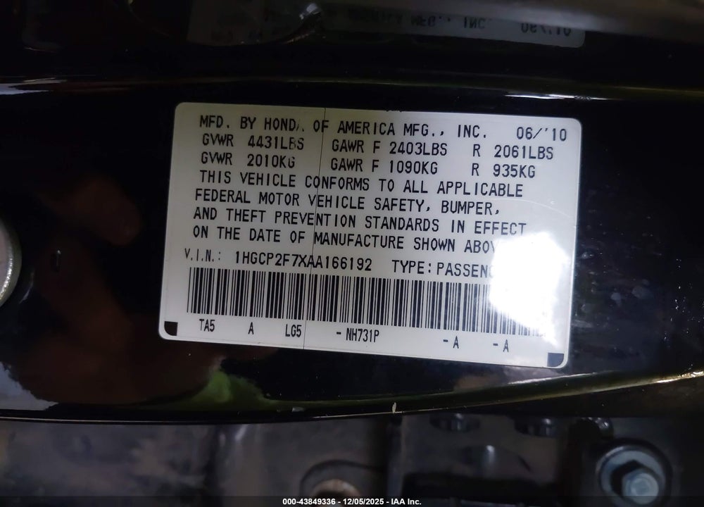2010 HONDA ACCORD 2.4 EX VIN: 1HGCP2F7XAA166192