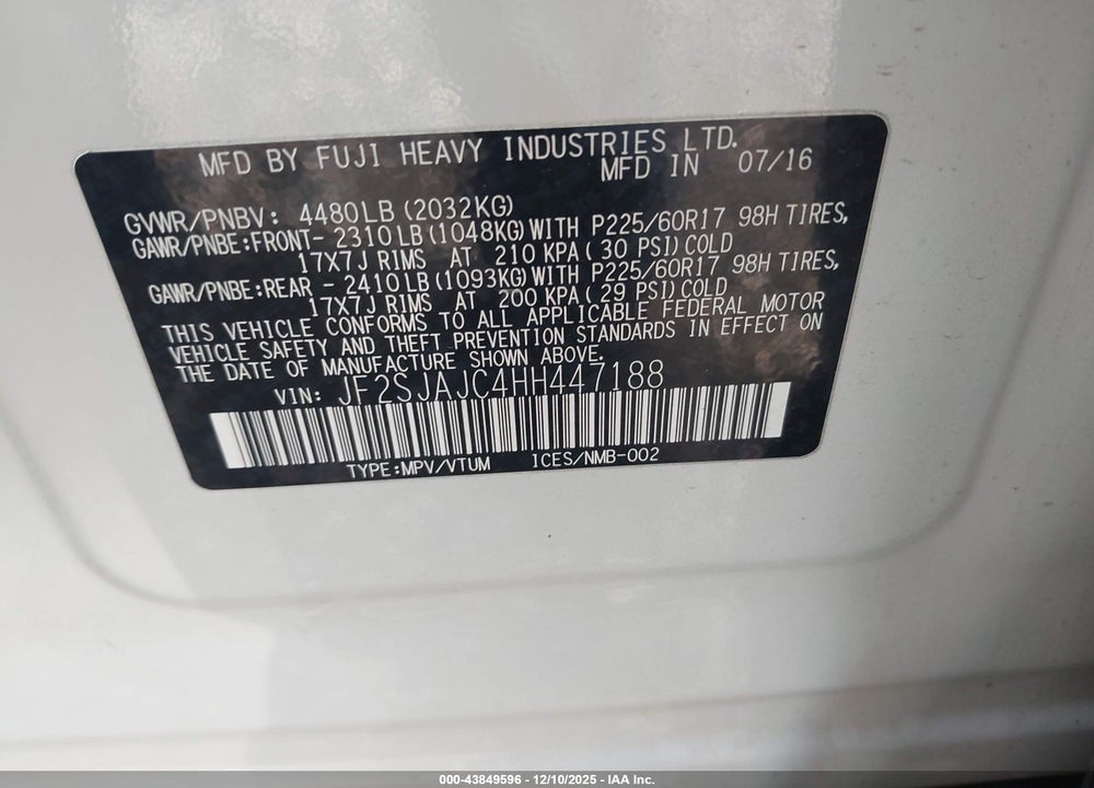 2017 SUBARU FORESTER 2.5I LIMITED VIN: JF2SJAJC4HH447188