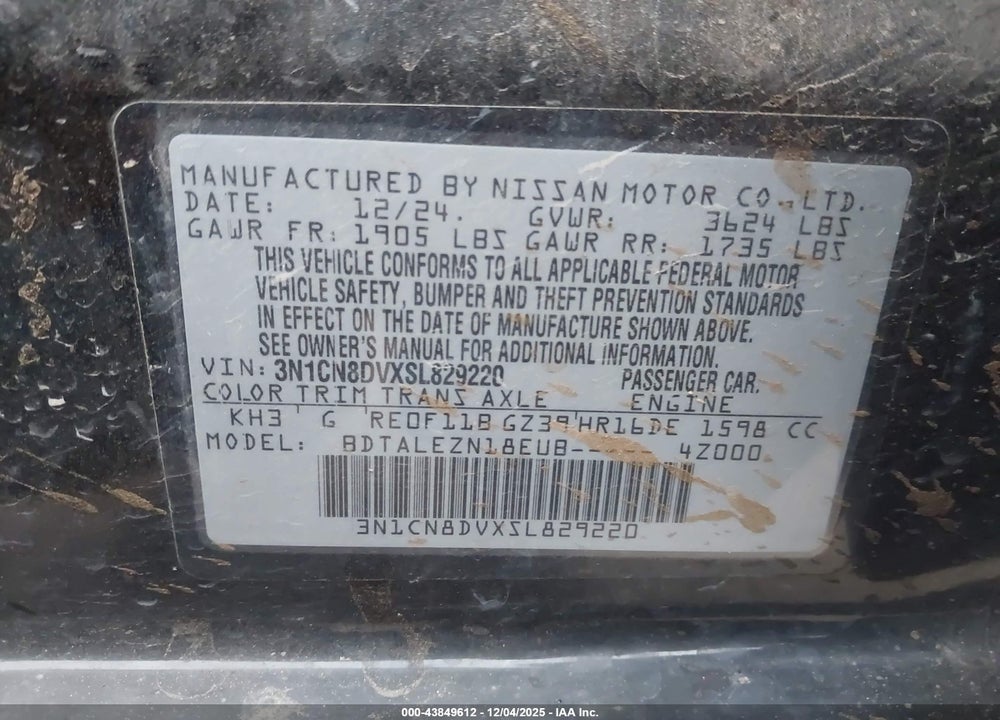 2025 NISSAN VERSA 1.6 S VIN: 3N1CN8DVXSL829220