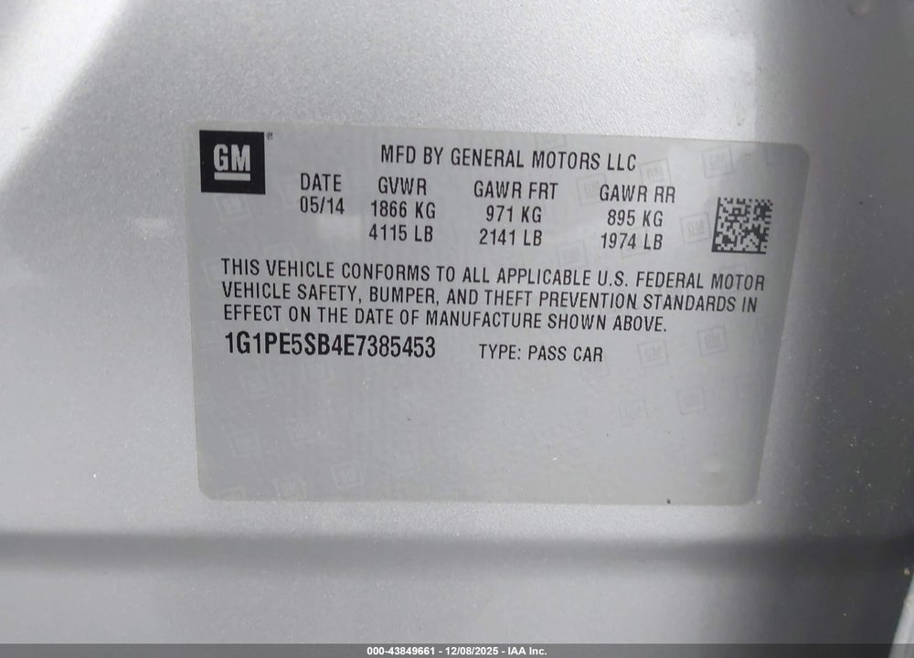 2014 CHEVROLET CRUZE 2LT AUTO VIN: 1G1PE5SB4E7385453