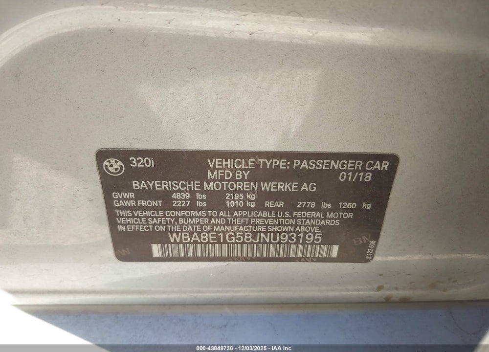 2018 BMW 320I VIN: WBA8E1G58JNU93195