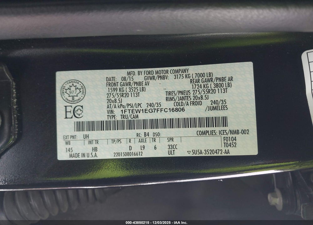 2015 FORD F-150 LARIAT VIN: 1FTEW1EG7FFC16806