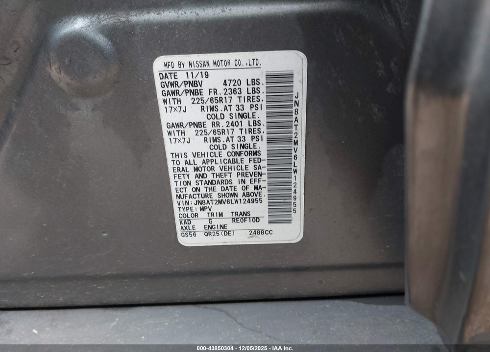2020 NISSAN ROGUE SV INTELLIGENT AWD VIN: JN8AT2MV6LW124955