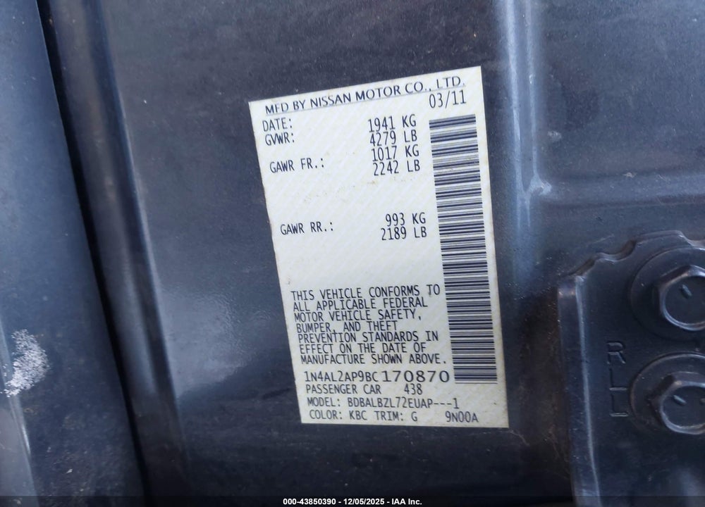 2011 NISSAN ALTIMA 2.5 S VIN: 1N4AL2AP9BC170870
