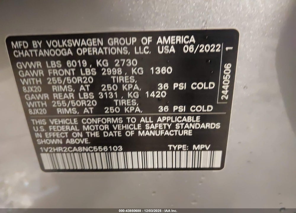 2022 VOLKSWAGEN ATLAS 3.6L V6 SE W/TECHNOLOGY VIN: 1V2HR2CA8NC556103
