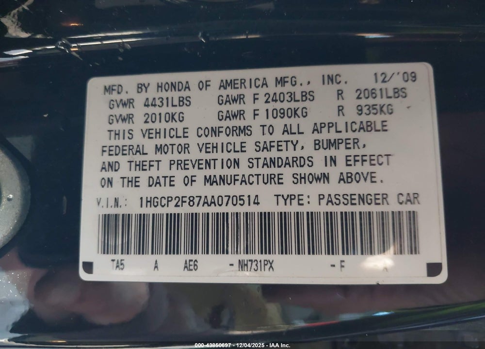 2010 HONDA ACCORD 2.4 EX-L VIN: 1HGCP2F87AA070514