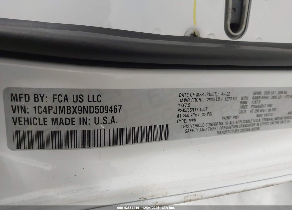 2022 JEEP CHEROKEE TRAILHAWK 4X4 VIN: 1C4PJMBX9ND509467