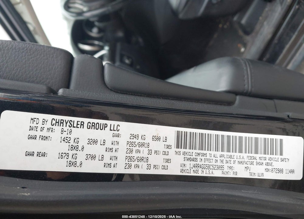 2011 JEEP GRAND CHEROKEE LAREDO VIN: 1J4RR4GG5BC523095