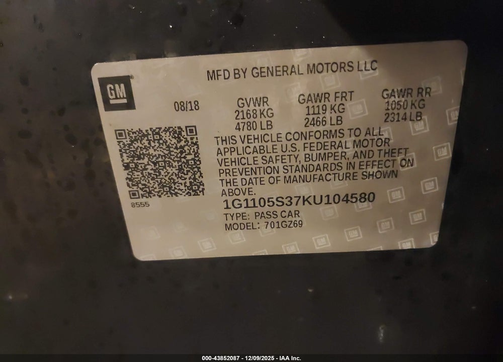 2019 CHEVROLET IMPALA PREMIER VIN: 1G1105S37KU104580