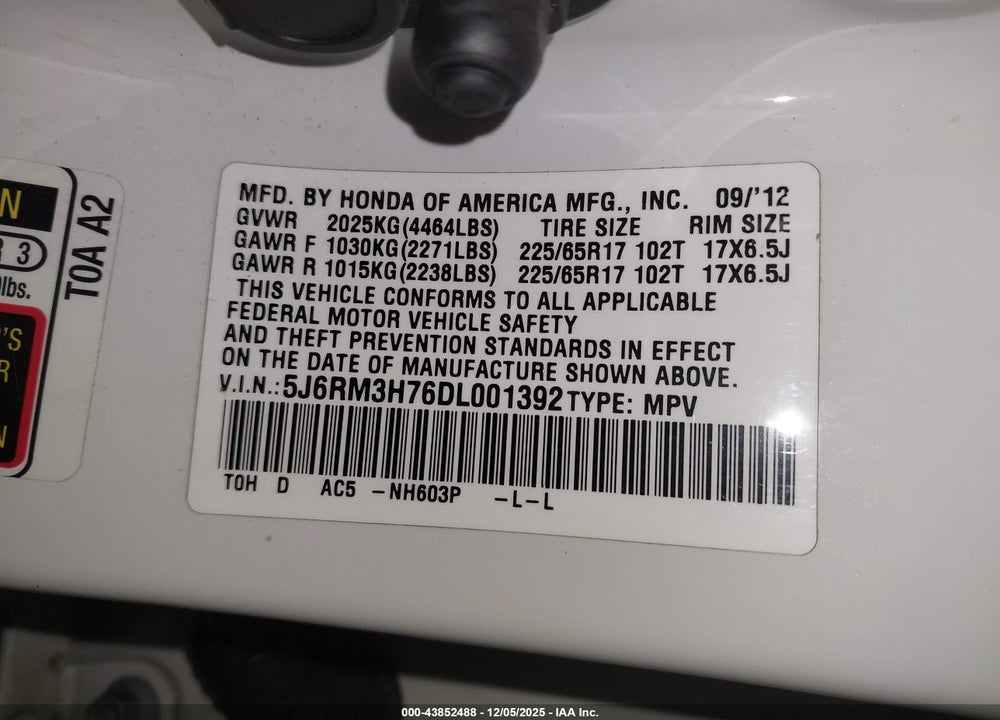 2013 HONDA CR-V EX-L VIN: 5J6RM3H76DL001392