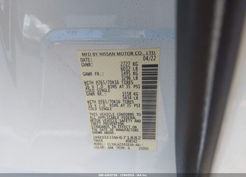 2022 NISSAN FRONTIER S 4X2 VIN: 1N6ED1EJ3NN671882
