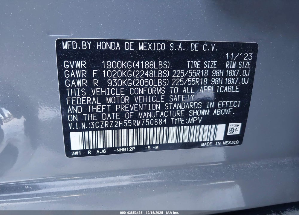 2024 HONDA HR-V AWD SPORT/AWD SPORT W/O BSI VIN: 3CZRZ2H55RM750684