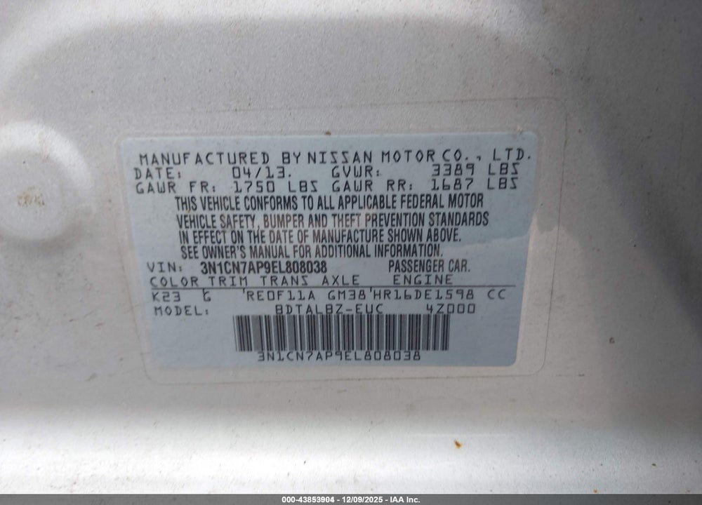 2014 NISSAN VERSA 1.6 SV VIN: 3N1CN7AP9EL808038