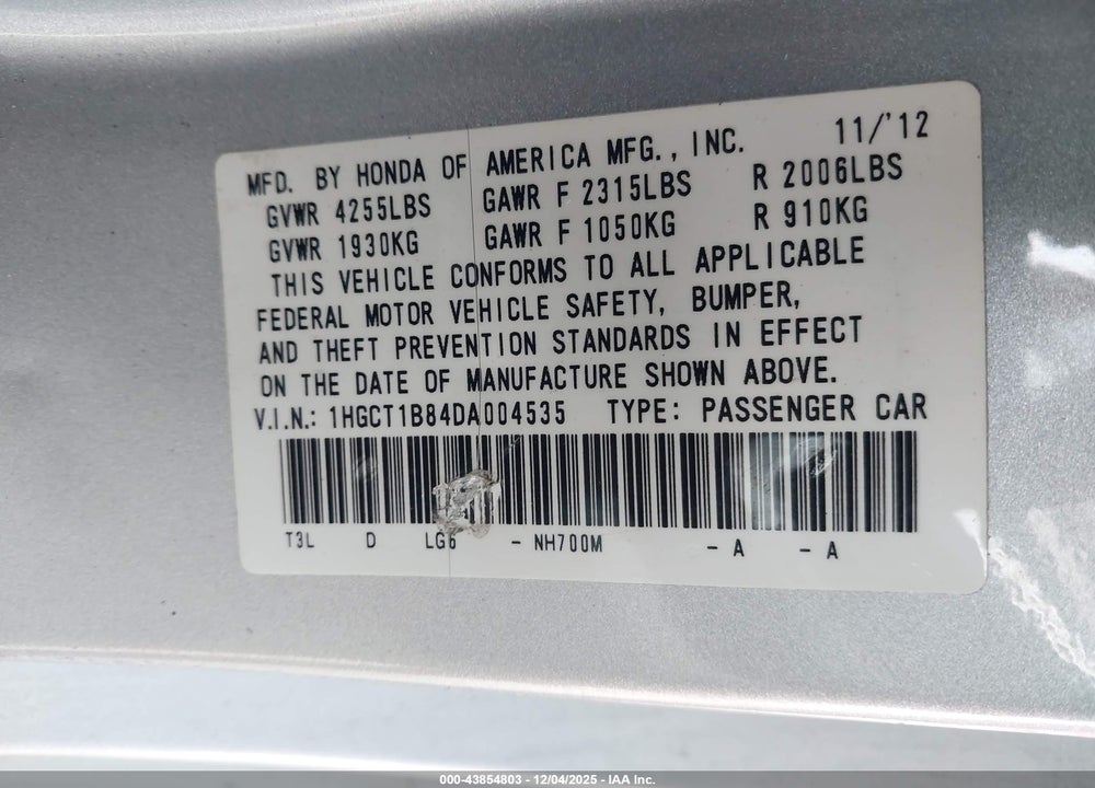 2013 HONDA ACCORD EX-L VIN: 1HGCT1B84DA004535