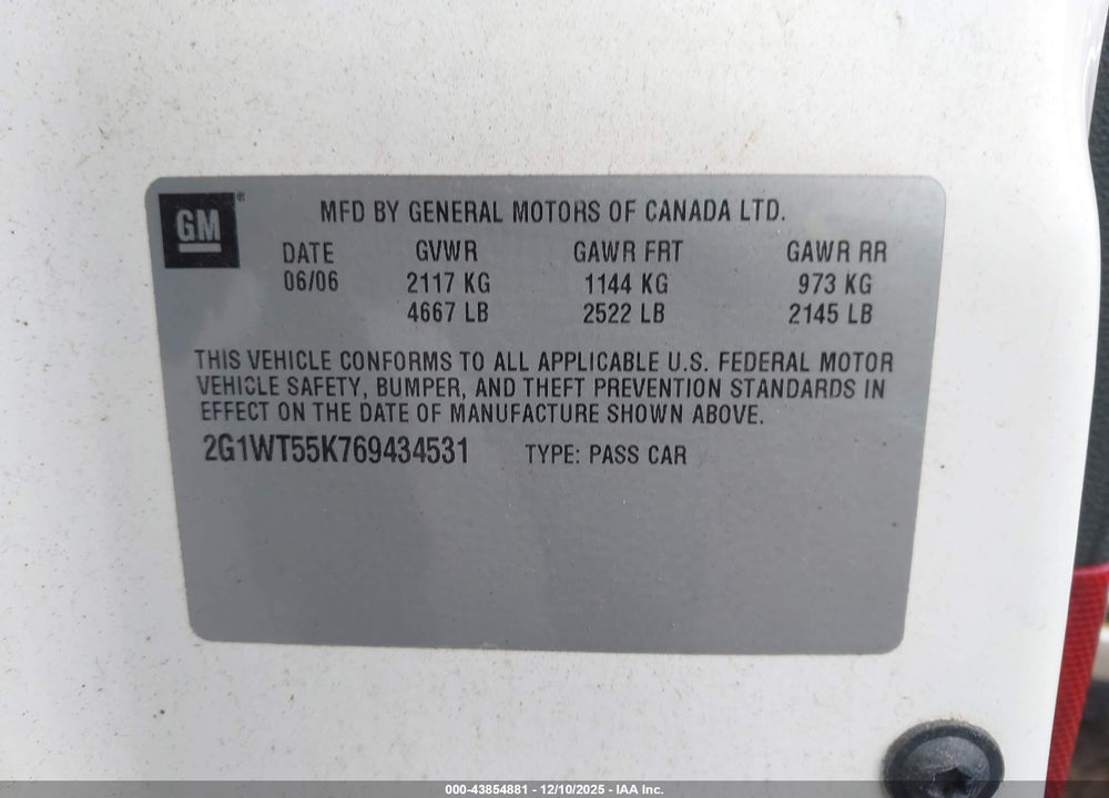 2006 CHEVROLET IMPALA LT VIN: 2G1WT55K769434531