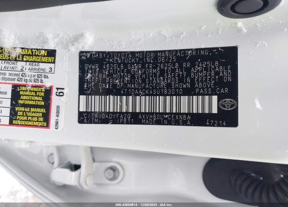 2025 TOYOTA CAMRY LE VIN: 4T1DAACK4SU183010