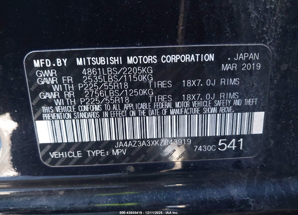 2019 MITSUBISHI OUTLANDER SE VIN: JA4AZ3A3XKZ043919