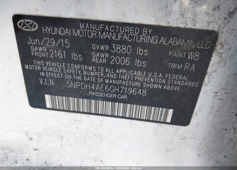 2016 HYUNDAI ELANTRA SE VIN: 5NPDH4AE6GH719648