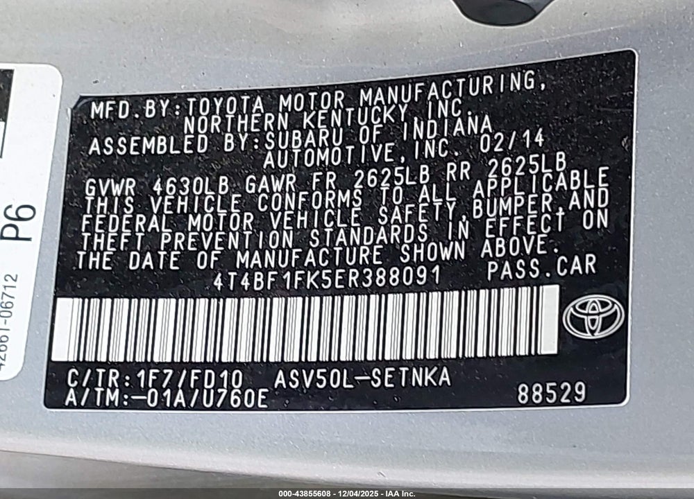2014 TOYOTA CAMRY LE VIN: 4T4BF1FK5ER388091