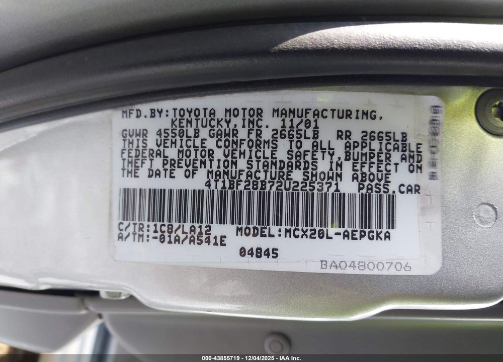 2002 TOYOTA AVALON XLS VIN: 4T1BF28B72U225371