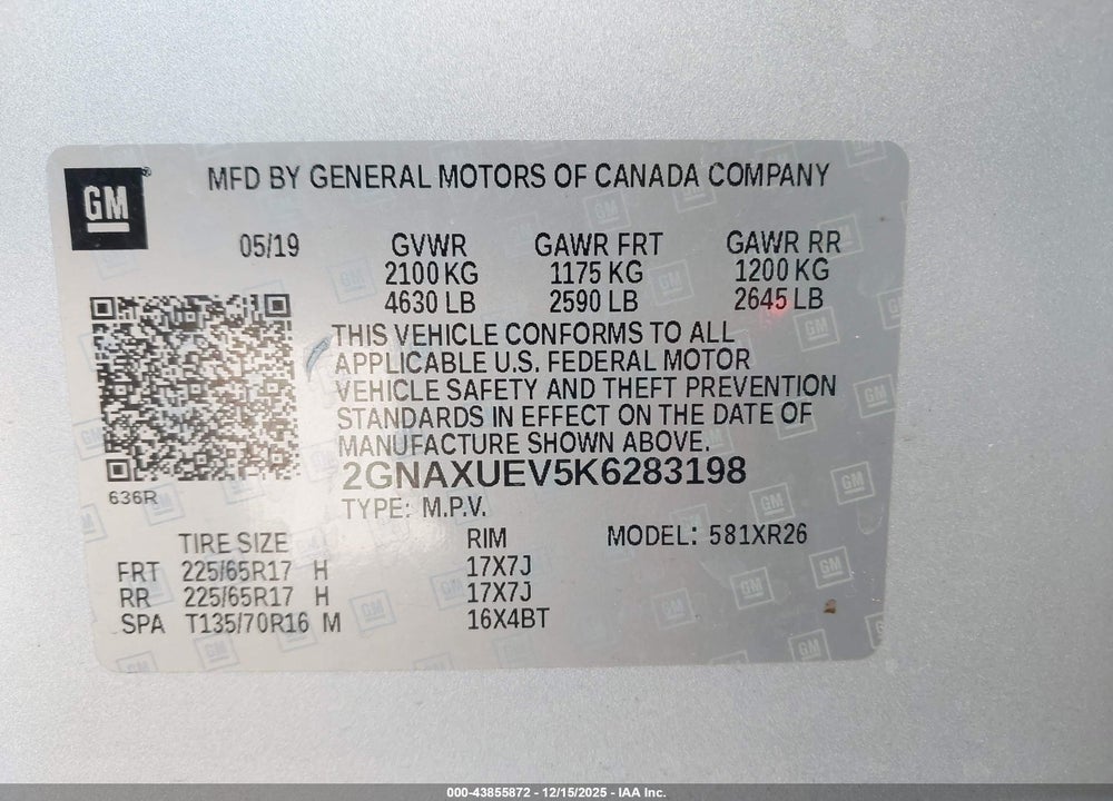2019 CHEVROLET EQUINOX LT VIN: 2GNAXUEV5K6283198