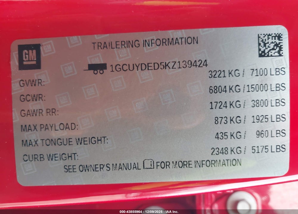 2019 CHEVROLET SILVERADO 1500 LT VIN: 1GCUYDED5KZ139424