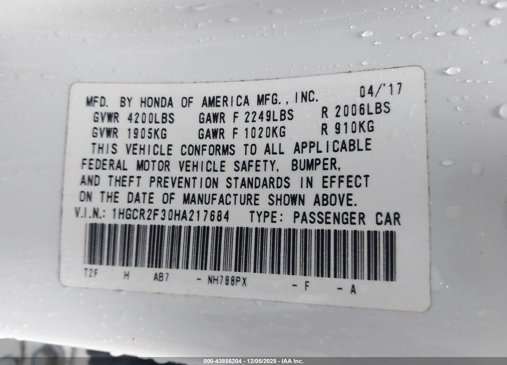 2017 HONDA ACCORD LX VIN: 1HGCR2F30HA217684