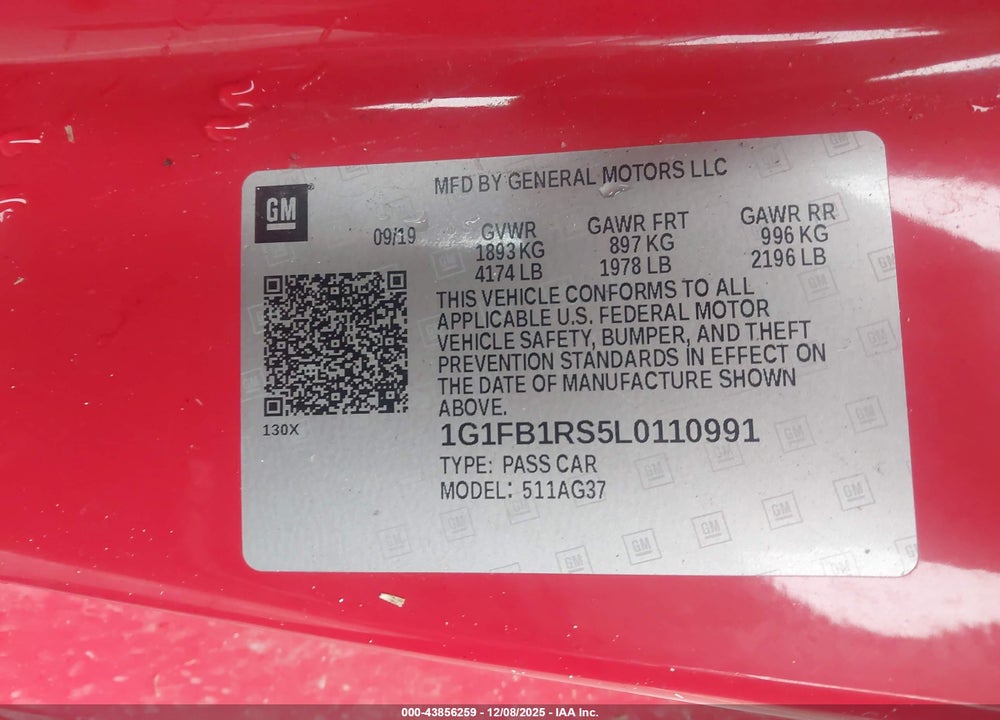2020 CHEVROLET CAMARO RWD  1LT VIN: 1G1FB1RS5L0110991